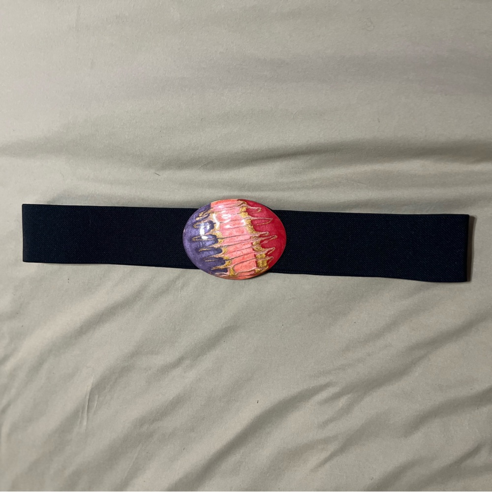 Vintage 80s Black Elastic Belt w/ Abstract Enamelled Oval Buckle by Bill Blass